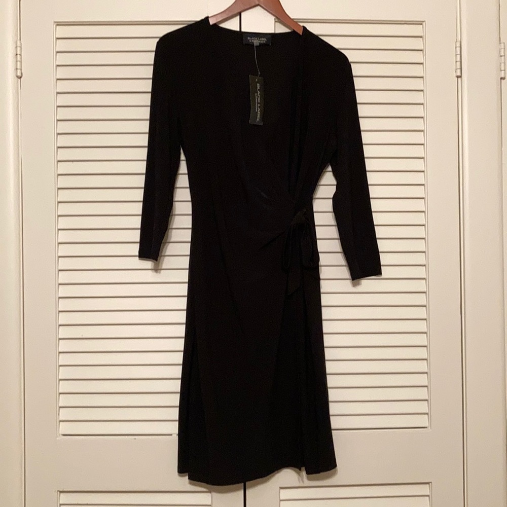 NWT Evan Picone Black Faux Wrap Dress Sz 12